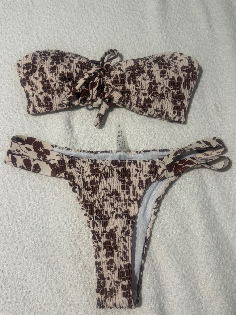 Brown Floral Smocked Bikini Set Size M